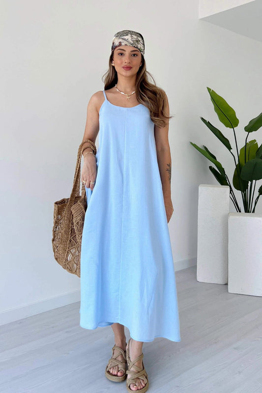 Adjustable Strap Lined Muslin Dress - Blue