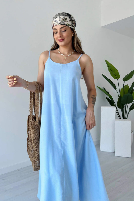Adjustable Strap Lined Muslin Dress - Blue