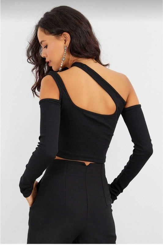 Asymmetric Cut Finger-Loop Detail Crop Top - Black
