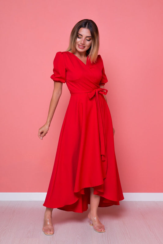 Asymmetric Cut Short Front Long Back Wrap Neck Evening Dress - Red
