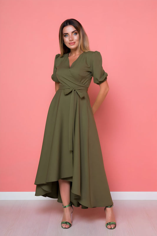 Asymmetric High-Low Hem Wrap Neck Dress - Khaki