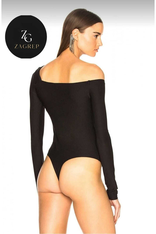 Asymmetric Neck Silk Jersey Bodysuit - Black