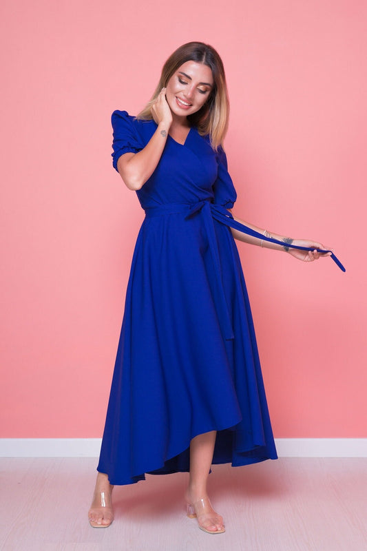 Asymmetrical Cut Crossover Neck Front Short Back Long Midi Dress - Sax Blue