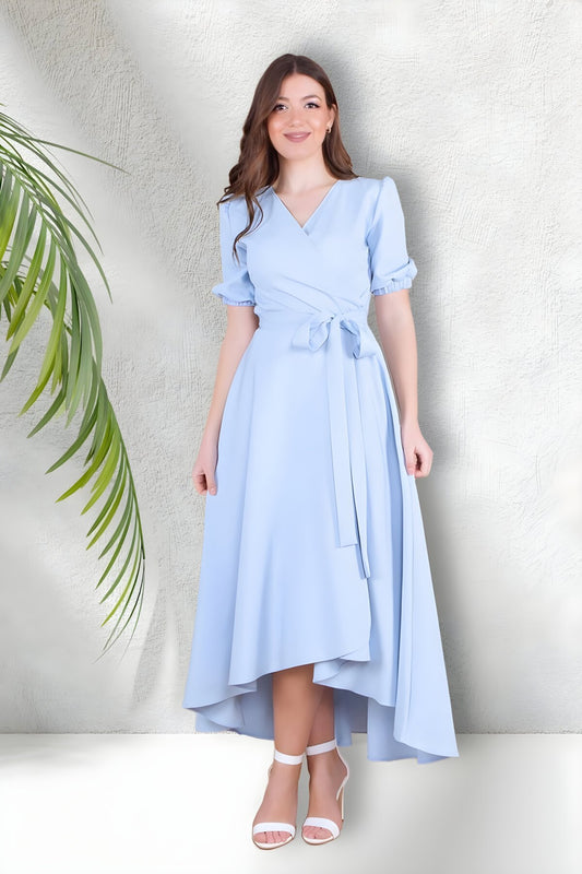 Asymmetrical Cut Midi Short Sleeve Wrap Neck Evening Dress - Baby Blue