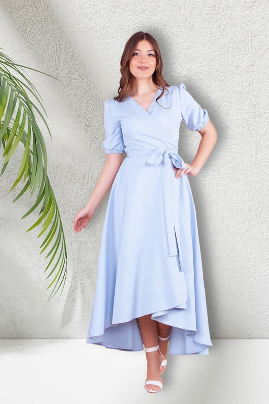 Asymmetrical Cut Midi Short Sleeve Wrap Neck Evening Dress - Baby Blue