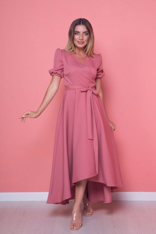 Asymmetrical High-Low Crossover Neck Dress - Dusty Rose