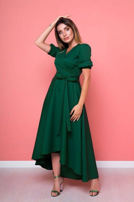 Asymmetrical High-Low Surplice Neck Dress - Emerald Green