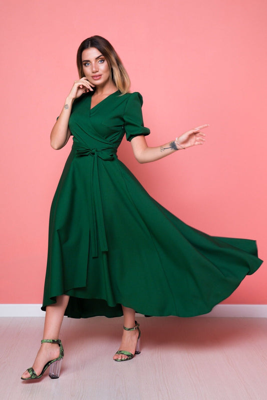 Asymmetrical High-Low Surplice Neck Dress - Emerald Green
