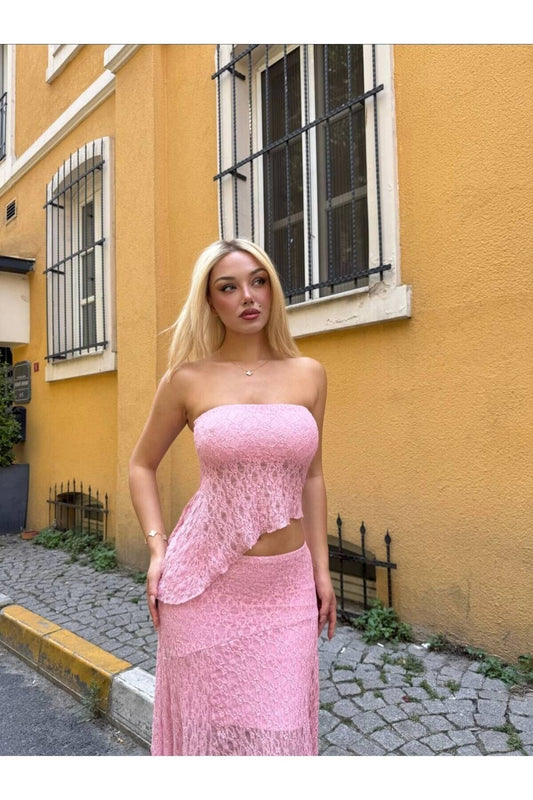 Asymmetrical Lace Lined Skirt Set - Pink