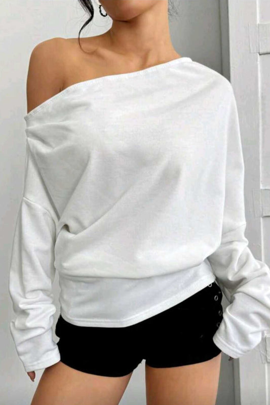 Asymmetrical Loose Fit Double-Knit Boat Neck Sweatshirt - White