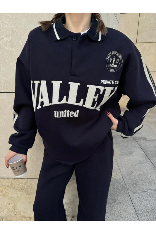 Baggy Collared Three-Thread Sweatpants Tracksuit - Black