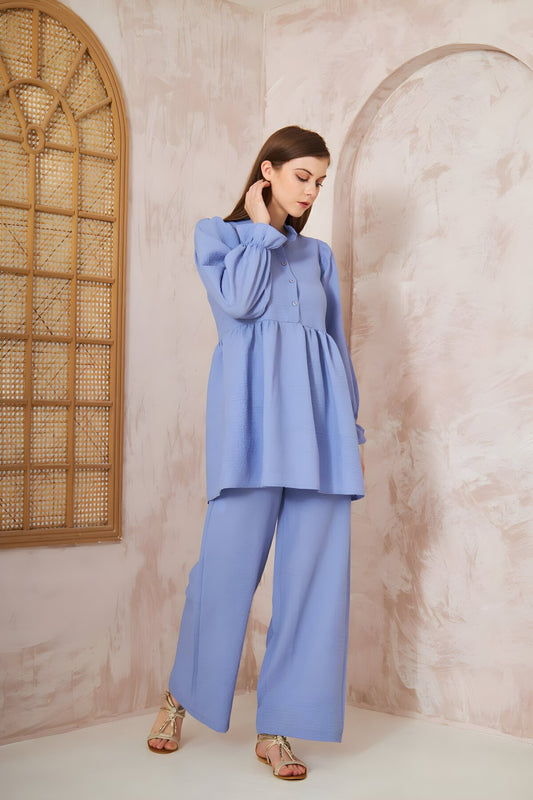 Balloon Sleeve Crinkled Gathered Tunic Pants Set - Baby Blue