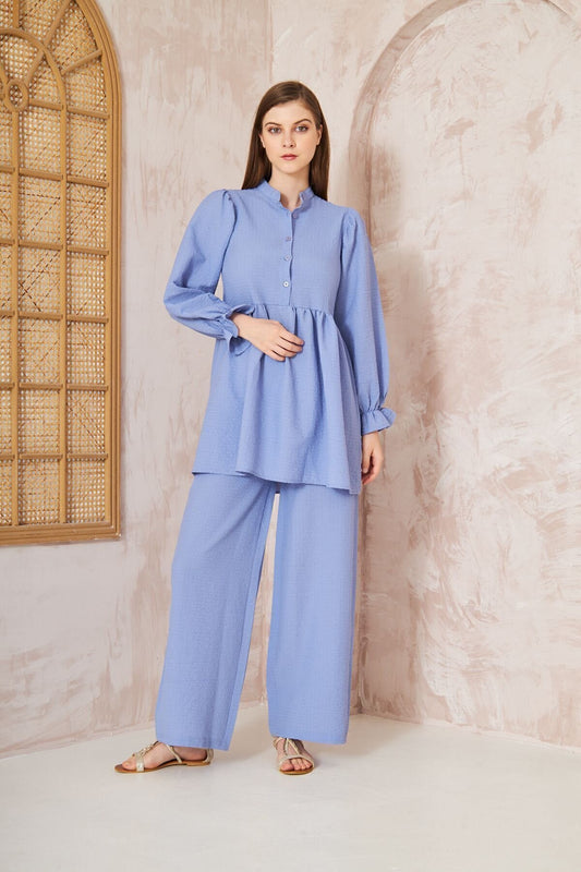 Balloon Sleeve Crinkled Gathered Tunic Pants Set - Baby Blue