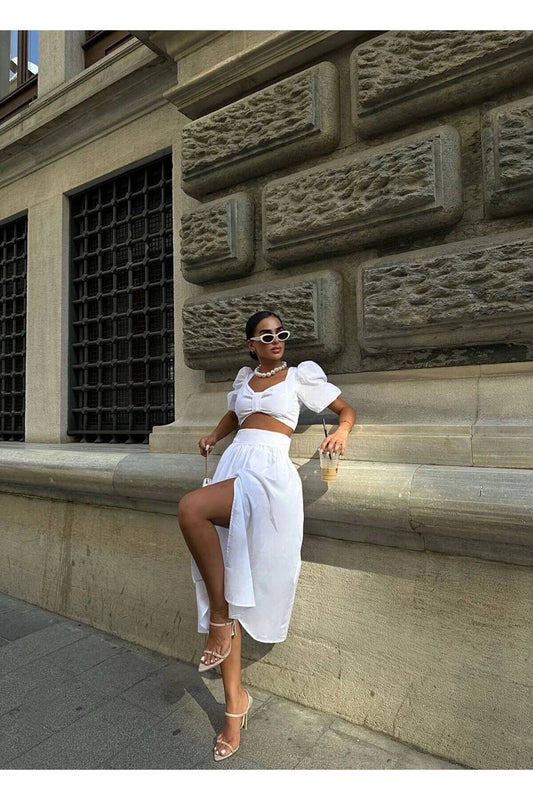 Balloon Sleeve Poplin Chest Detail Dress - White