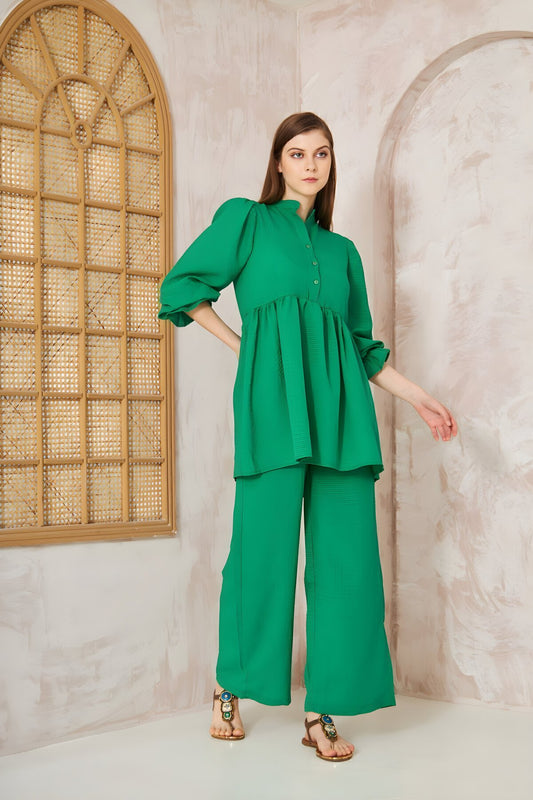 Balloon Sleeve Ruched Seersucker Tunic Pants Set