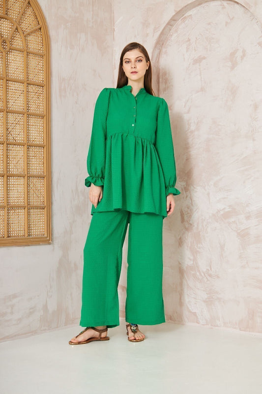 Balloon Sleeve Ruched Seersucker Tunic Pants Set
