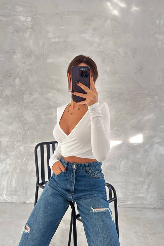 Basic Cropped Wrap Neck Blouse - White