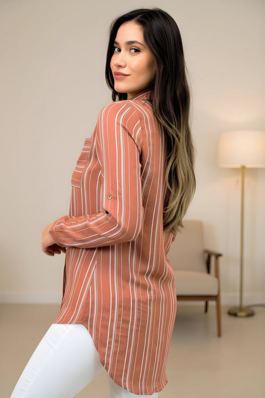 Basic Long Back Vertical Striped Single Pocket Shirt - Dusty Rose