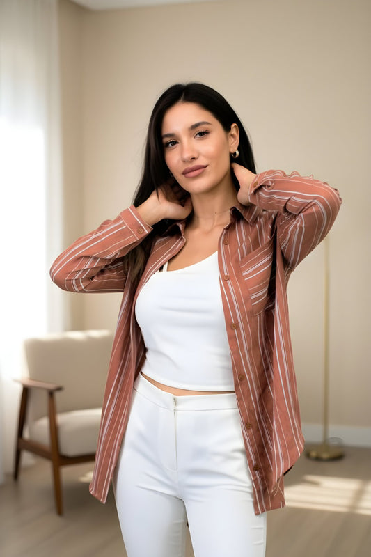 Basic Long Back Vertical Striped Single Pocket Shirt - Dusty Rose