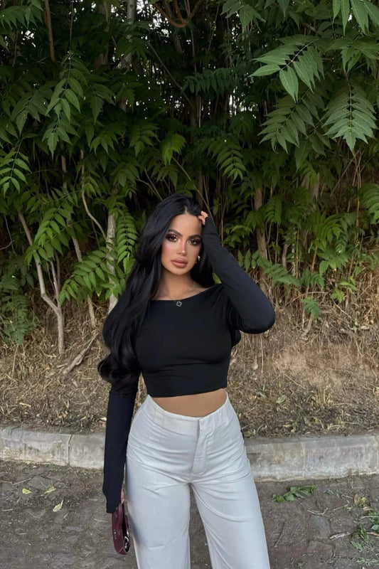 Basic Low-Cut Back Crop Top - Black