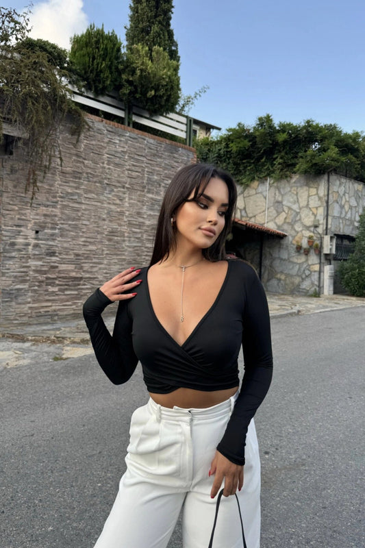 Basic Scuba Crossover-Neck Crop Top - Black