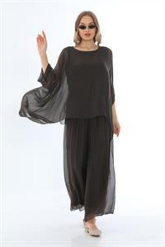 Batwing Sleeve Italian Silk Blouse - Brown