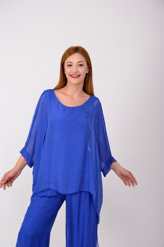 Batwing Sleeve Silk Lined Blouse Pant Set - Sax Blue