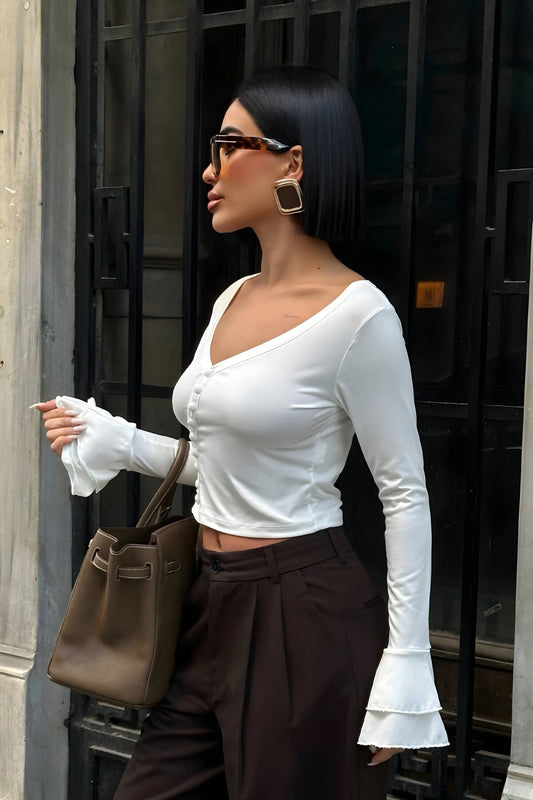 Bell Sleeve Button Detail Blouse - White