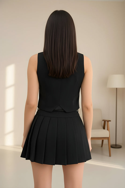 Belted Lined Skirt Vest Two-Piece Set - Black