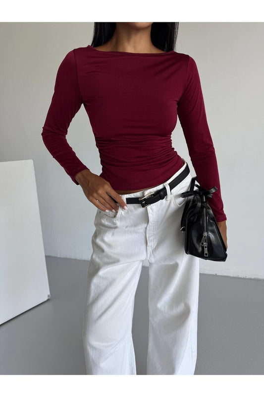 Body-hugging Long Sleeve Blouse - Burgundy