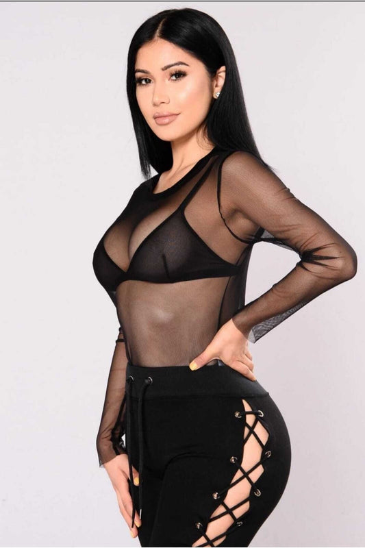 Bodycon Tulle Lycra Crew Neck Blouse - Black