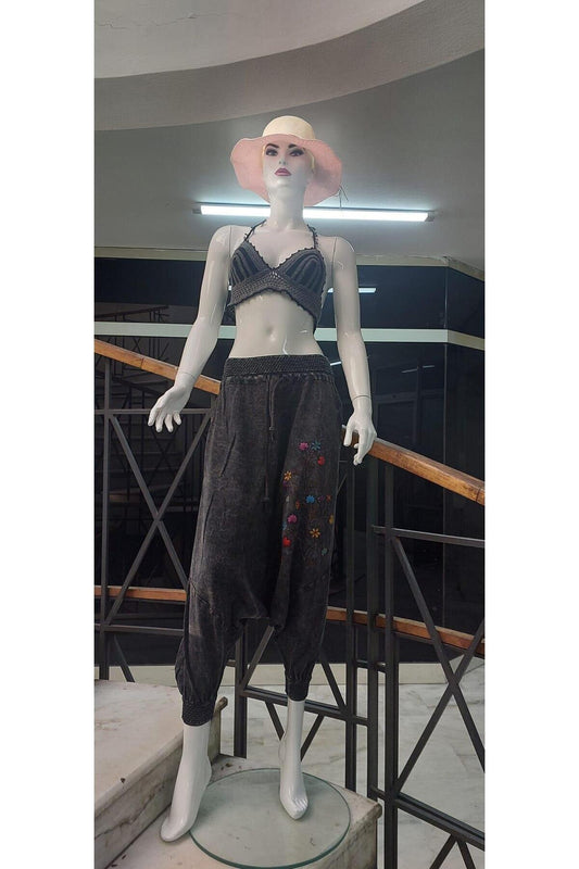 Boho Tie-Waist Floral Embroidered Harem Pants - Anthracite