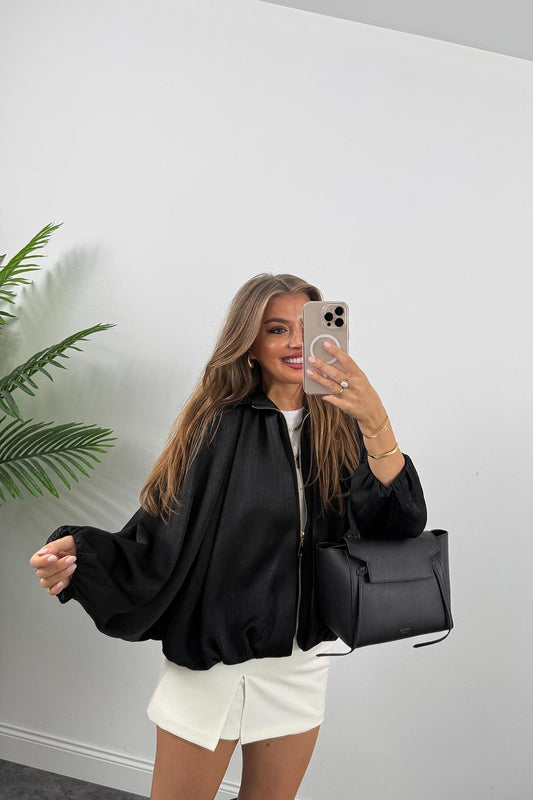 Bomber Premium Satin Batwing Sleeve Jacket - Black