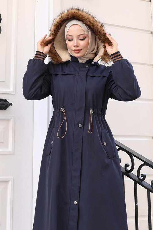 Bonded Fur-Lined Coat - Navy