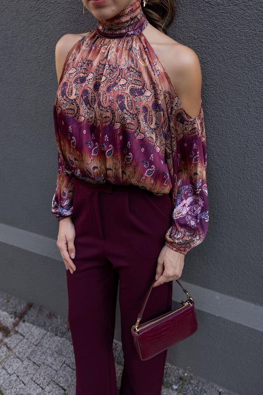 Brick Patterned Chiffon Stand Collar Shoulder Cutout Blouse