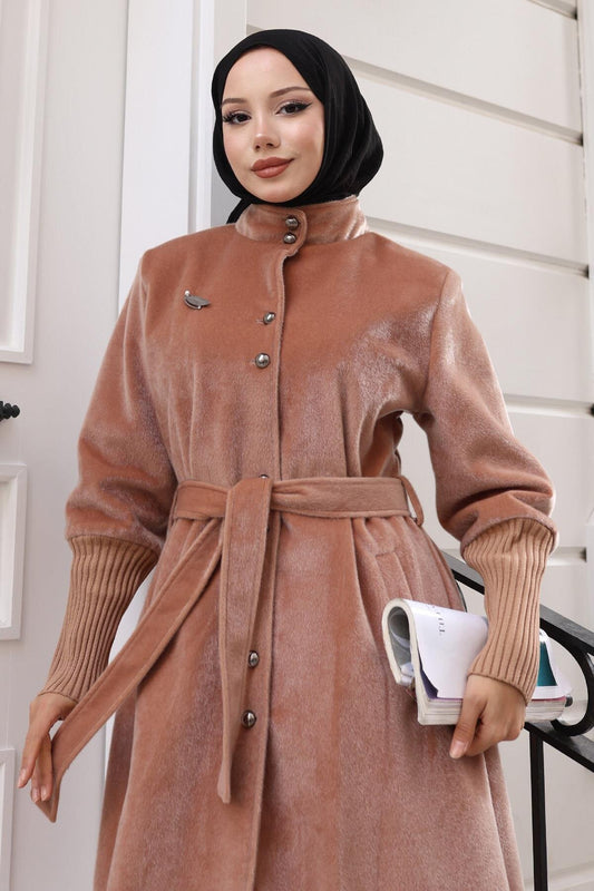 Brooch Detail Winter Coat - Tan