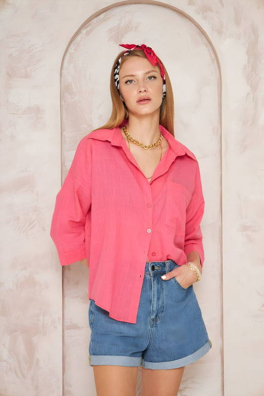 Casual Oversized Linen Three-quarter Sleeve Pocketed Shirt - Fuchsia