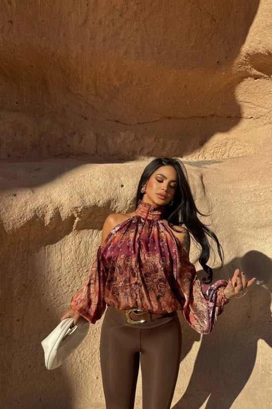 Chiffon Patterned Stand Collar Shoulder Cutout Blouse - Orange