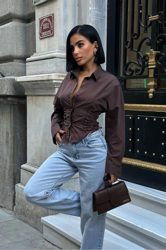 Corset Fit Side-Laced Shirt - Brown