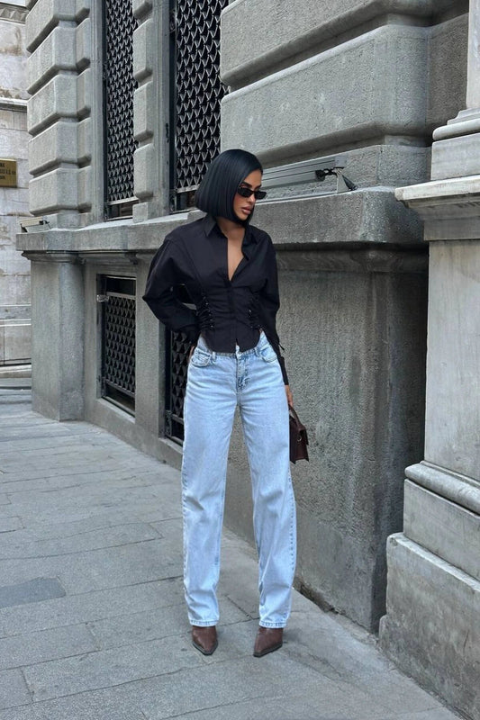 Corset Style Side-Laced Shirt - Black