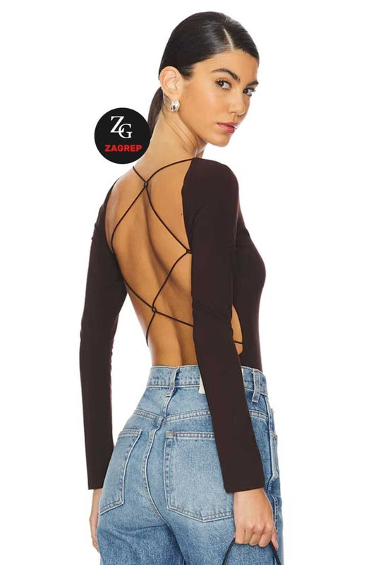 Cowl Neck Low-cut Back Silk Jersey Bodysuit - Brown