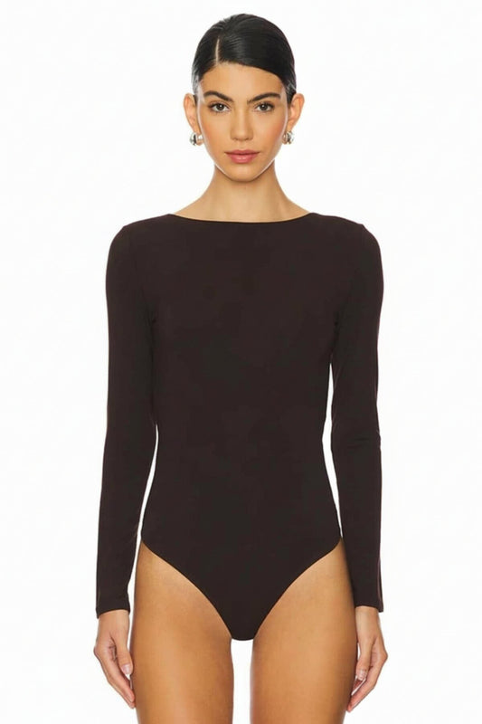 Cowl Neck Low-cut Back Silk Jersey Bodysuit - Brown