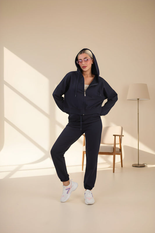 Crop Oversize Knit Hooded Zip-Up Tracksuit Set - Navy Blue