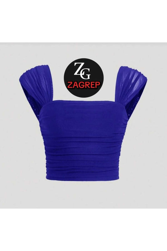 Crop Ruched Draped Sleeve Silk Jersey Bustier - Saxe Blue