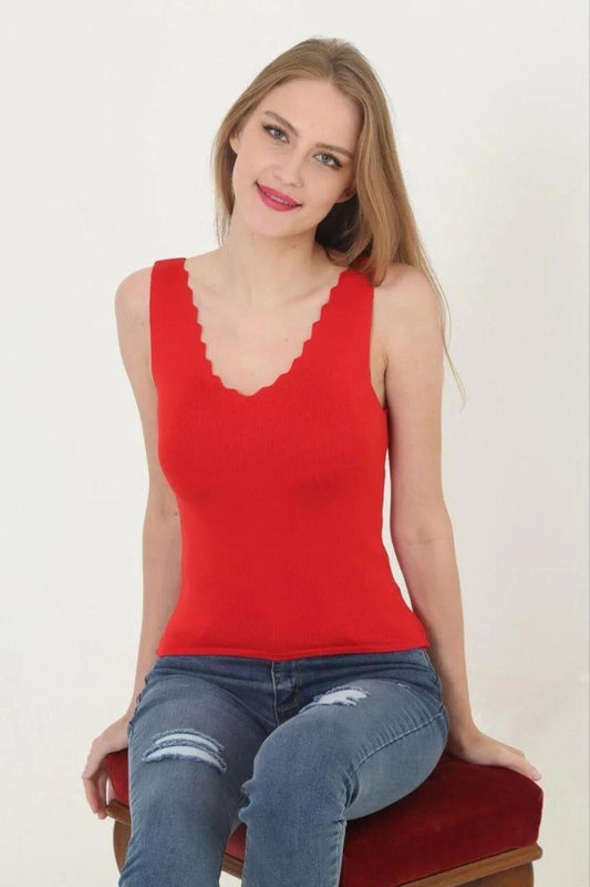 Crop Ruffle Detail V-Neck Blouse - Red