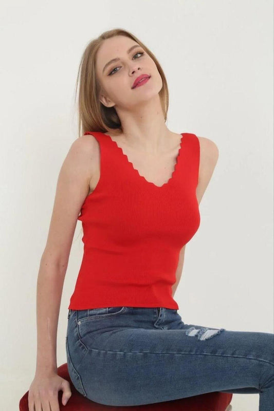 Crop Ruffle Detail V-Neck Blouse - Red