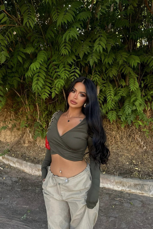 Crop Scuba Wrap-Neck Blouse - Khaki