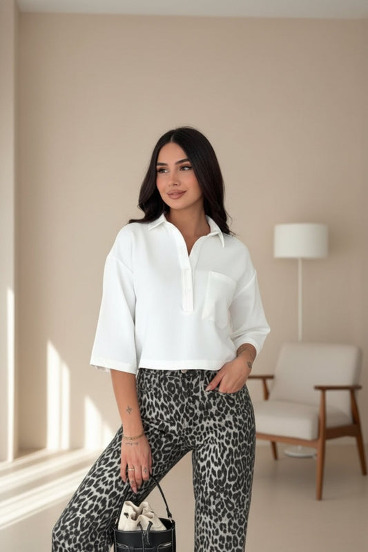 Crop Short-Sleeve Z Crepe Collared Button-Up Shirt - White
