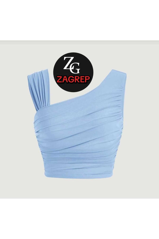 Crop Top Draped Ruched-Sleeve Bustier - Baby Blue
