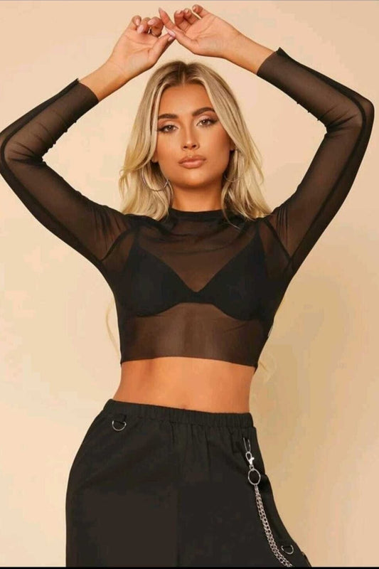 Crop Transparent Tulle Crew Neck Top - Black